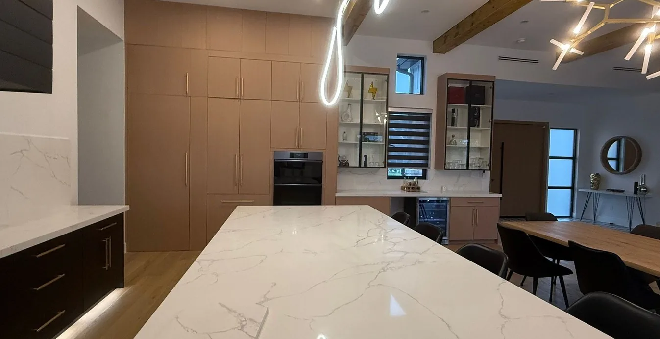 Marble island and oak cabinet wall, 3D layout of the Texas villa project