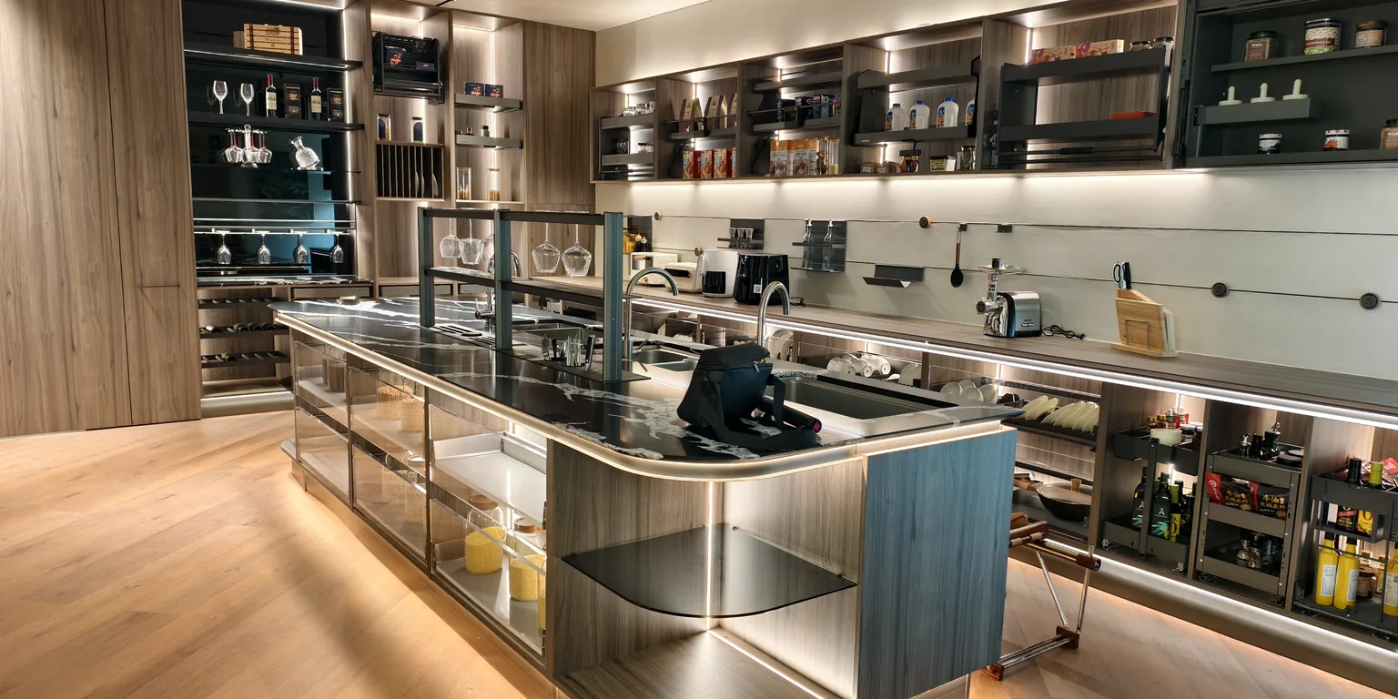 Finished kitchen with timber cabinetry, a marble island and lit glass-fronted storage, delivered complete