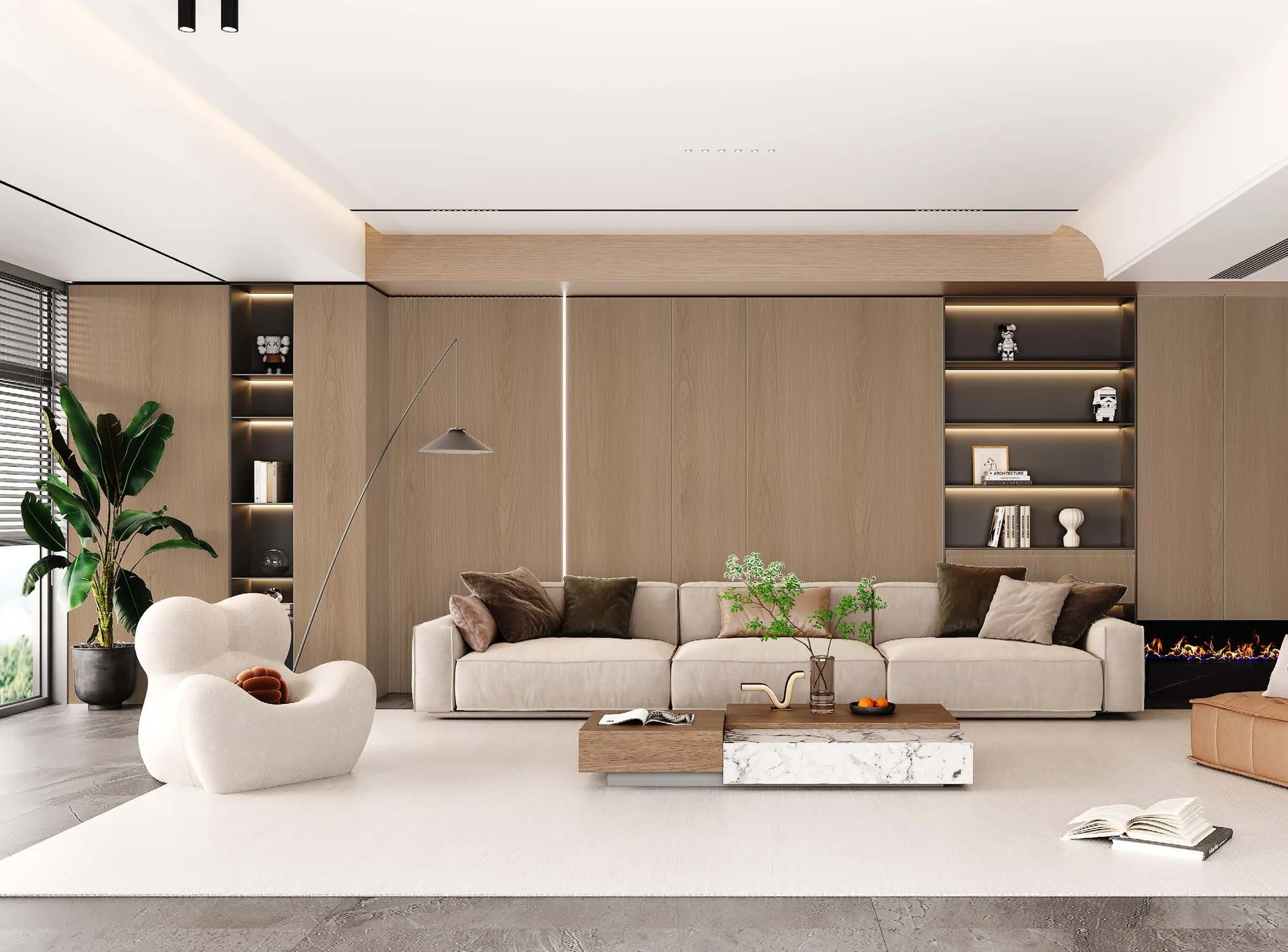 Built-in storage run with open shelving beside the living area