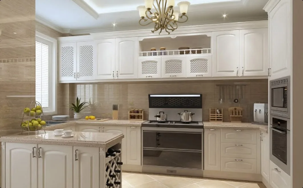 White kitchen with island in a service suite