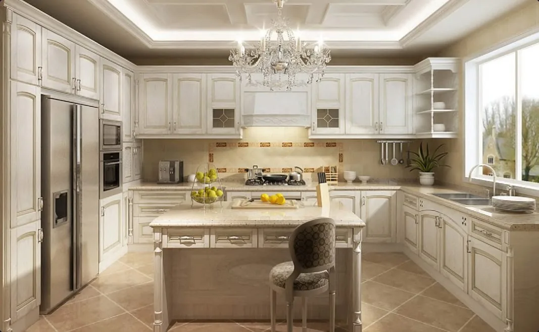 White kitchen run with island seating