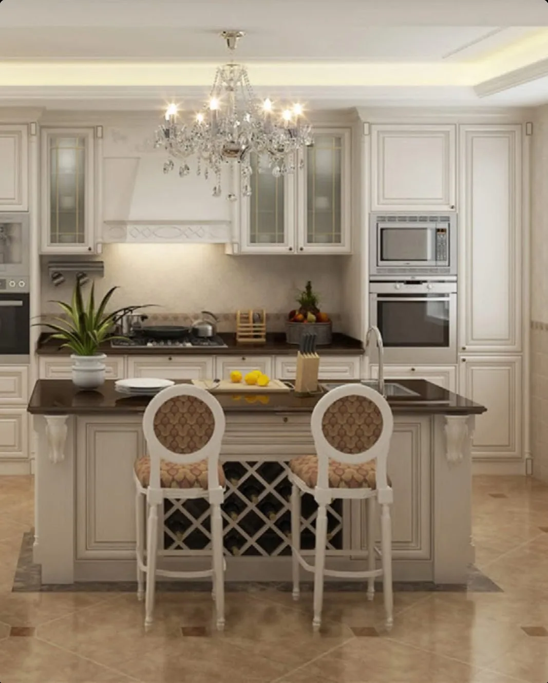 White painted kitchen with island and chandelier