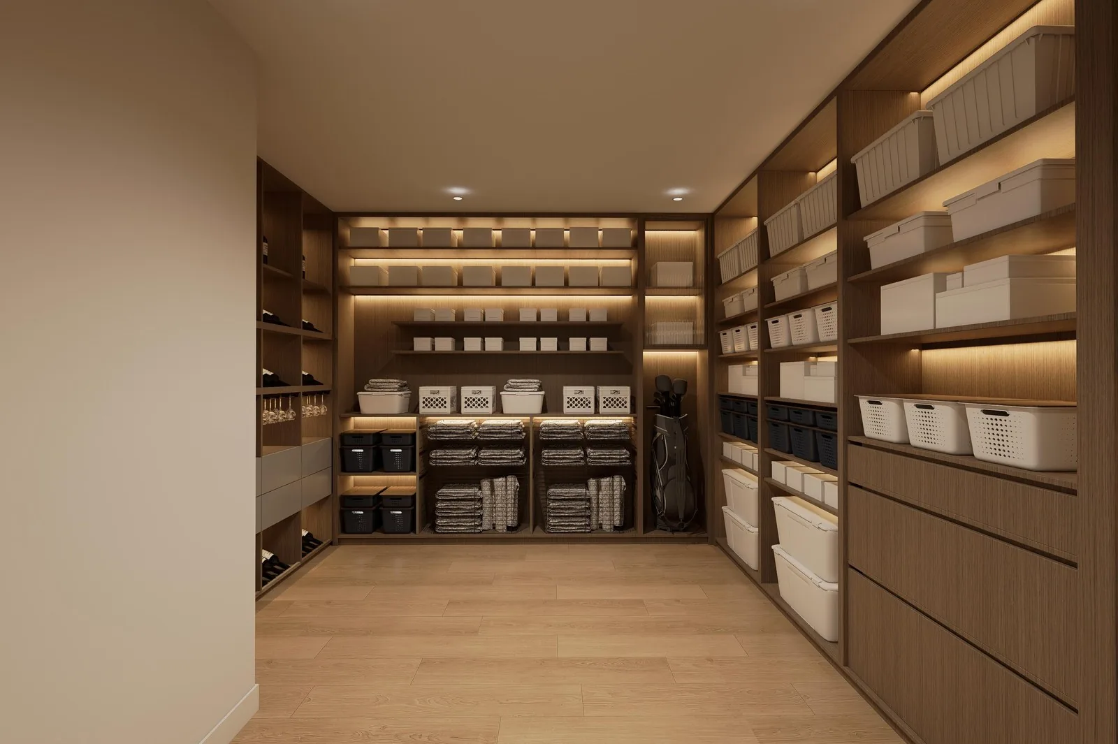 Lit walk-in wardrobe with numbered bays