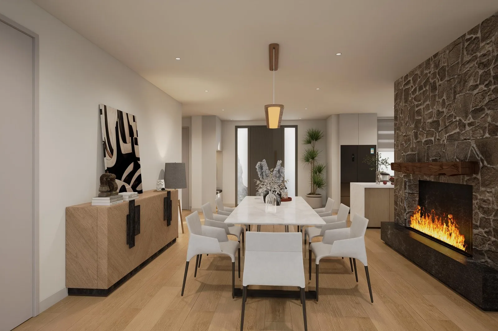 Dining room with linear fireplace