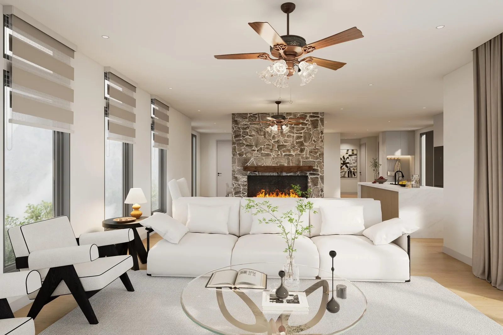Living room with stone fireplace wall