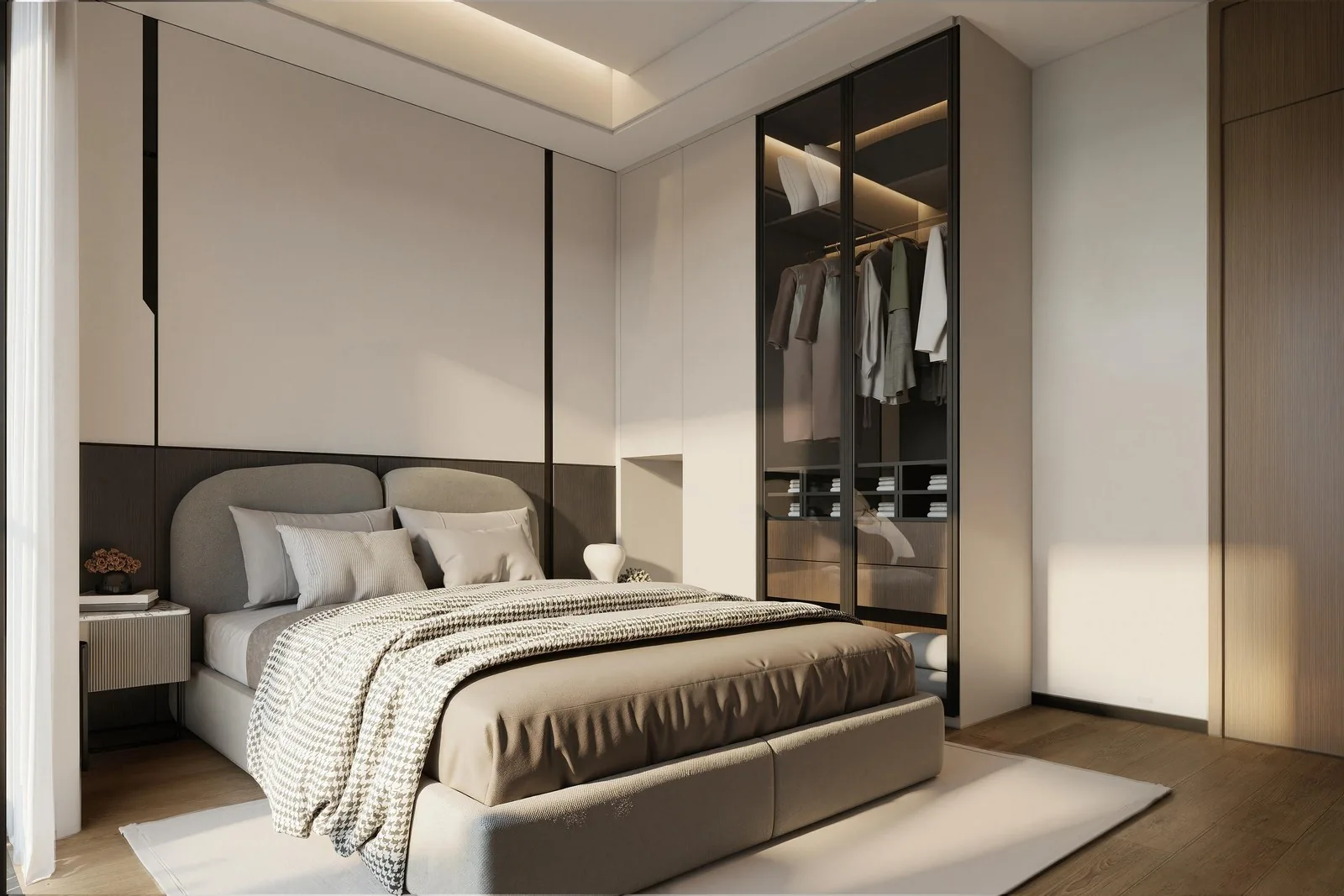 Apartment unit bedroom with glass-door wardrobe, US program