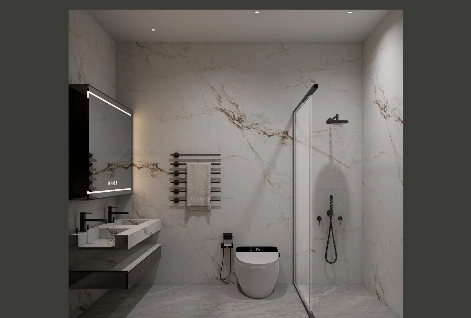 Bathroom in marble with glass shower, floating vanity and wall TV