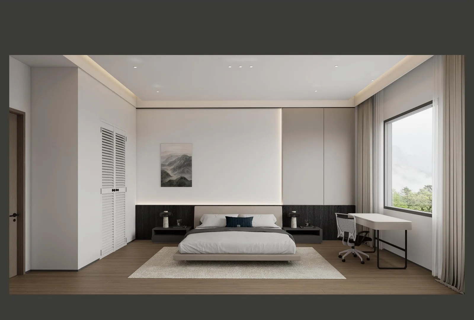 Bedroom with wide window wall, desk and art