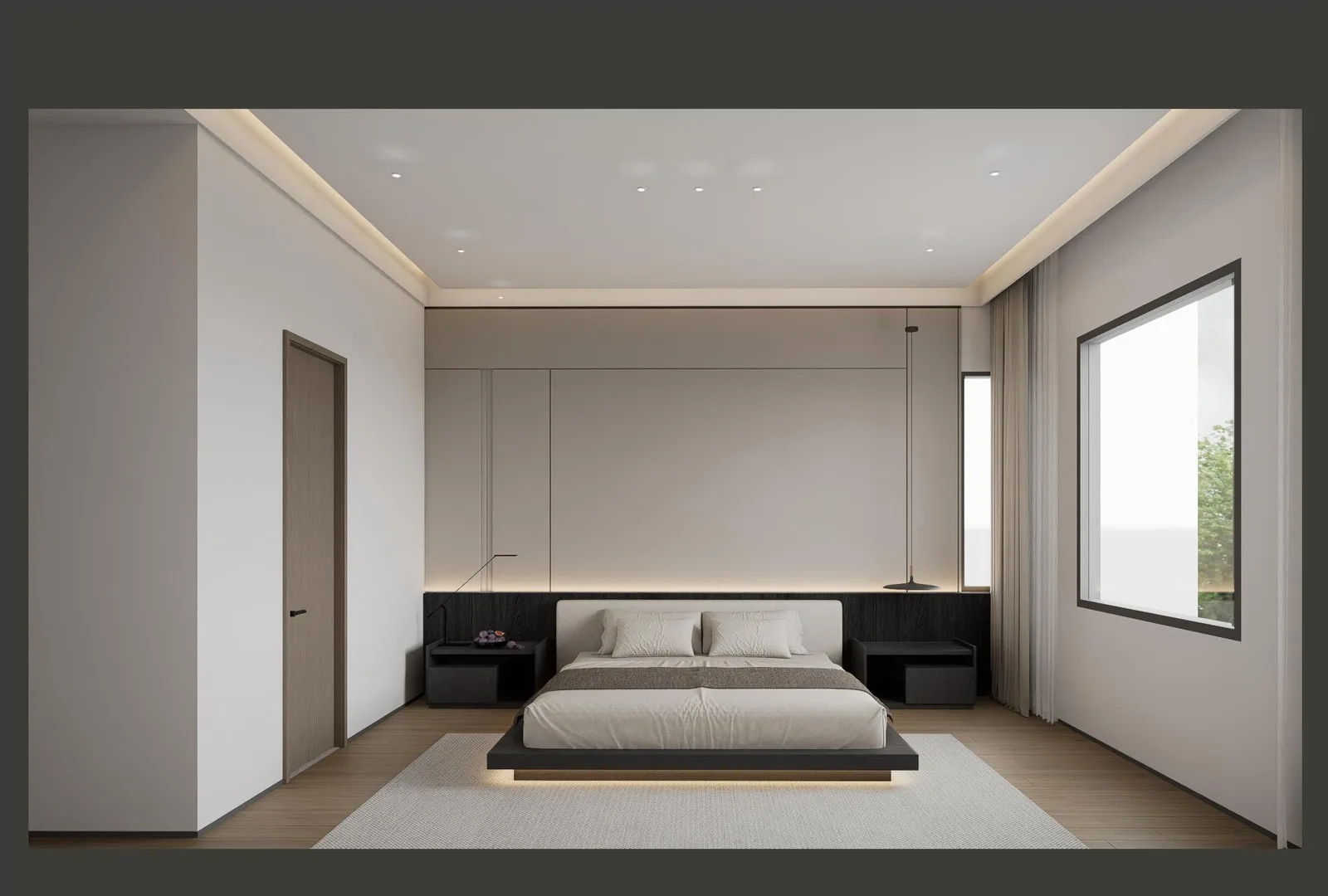 Bedroom with dark accent wall, centered bed and office nook
