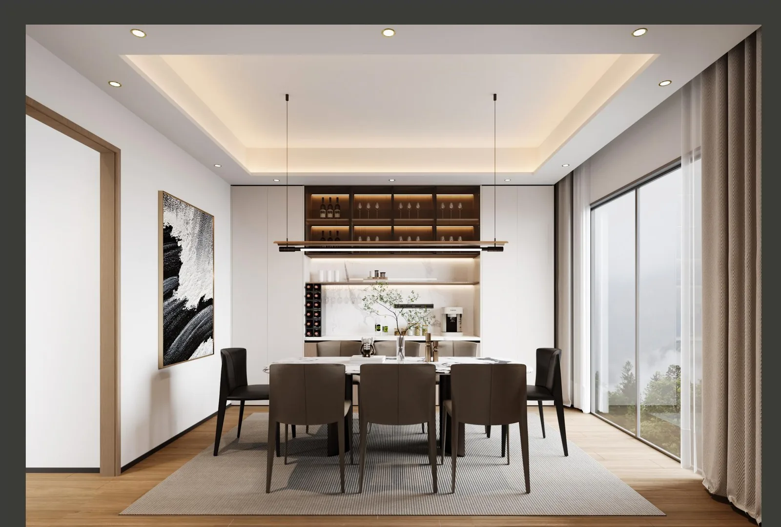 Formal dining room with long table, dark chairs and walnut shelving