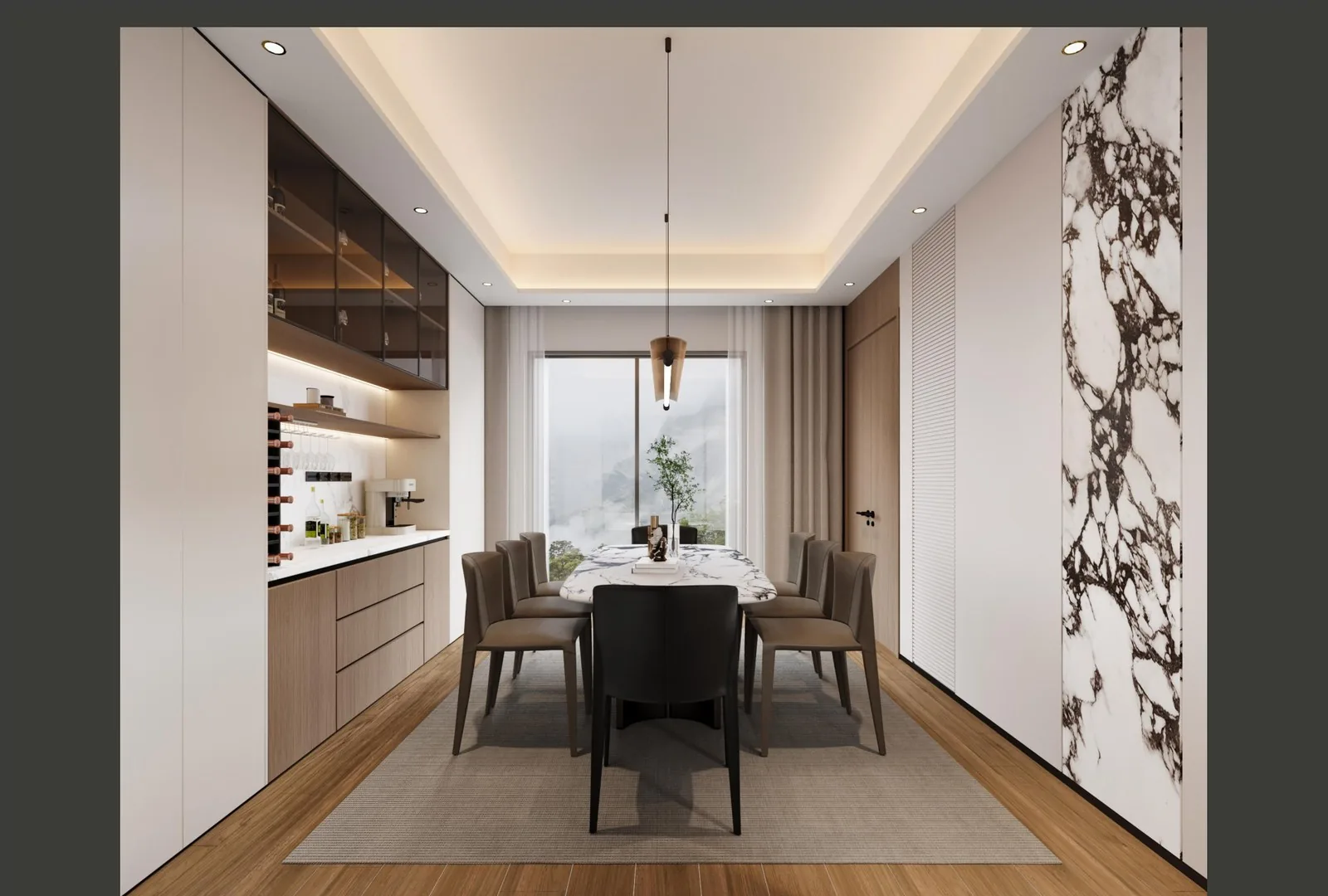 Formal dining room with long table and the floral feature wall