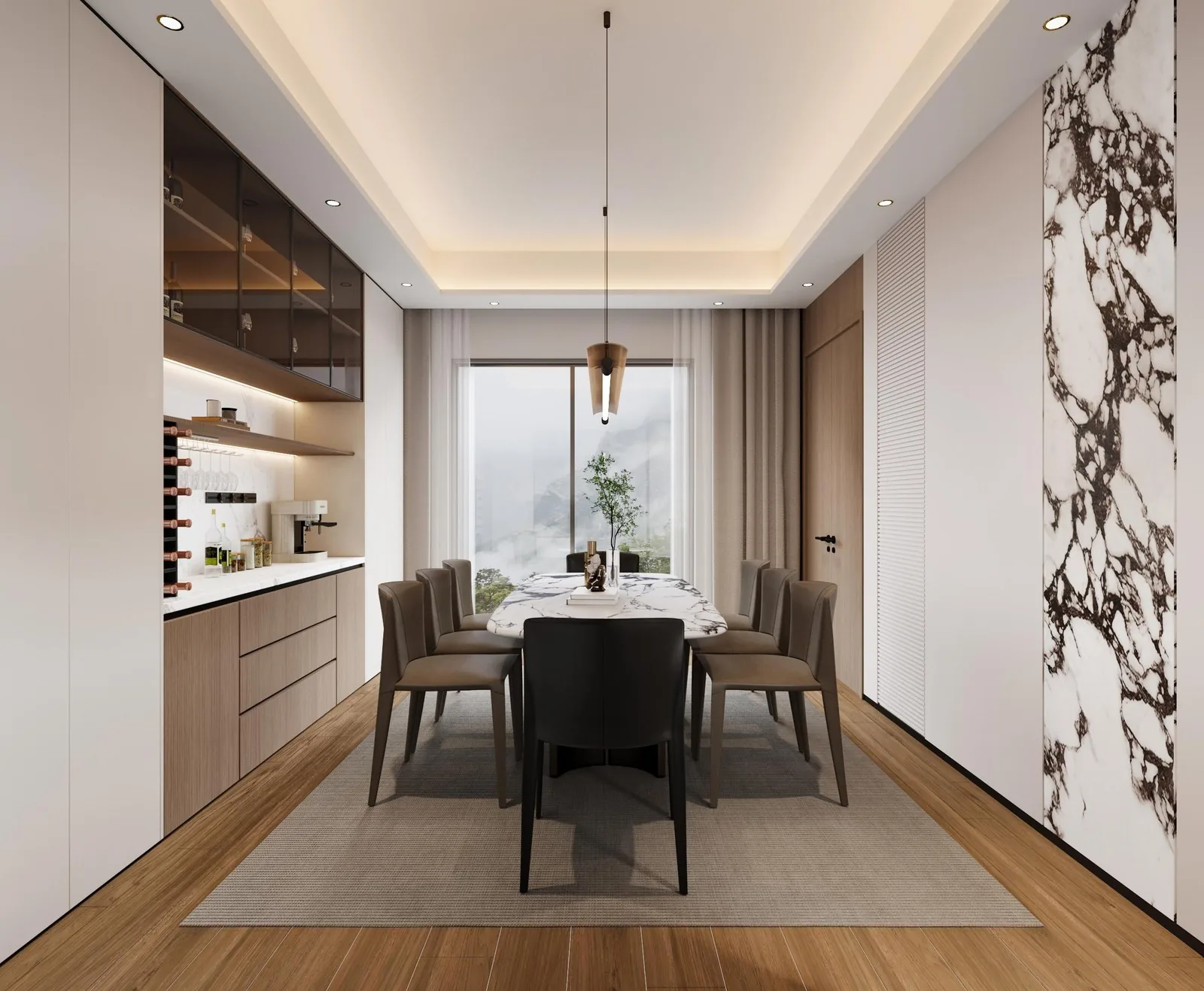 Dining room with walnut shelving wall, marble feature stone and pendants