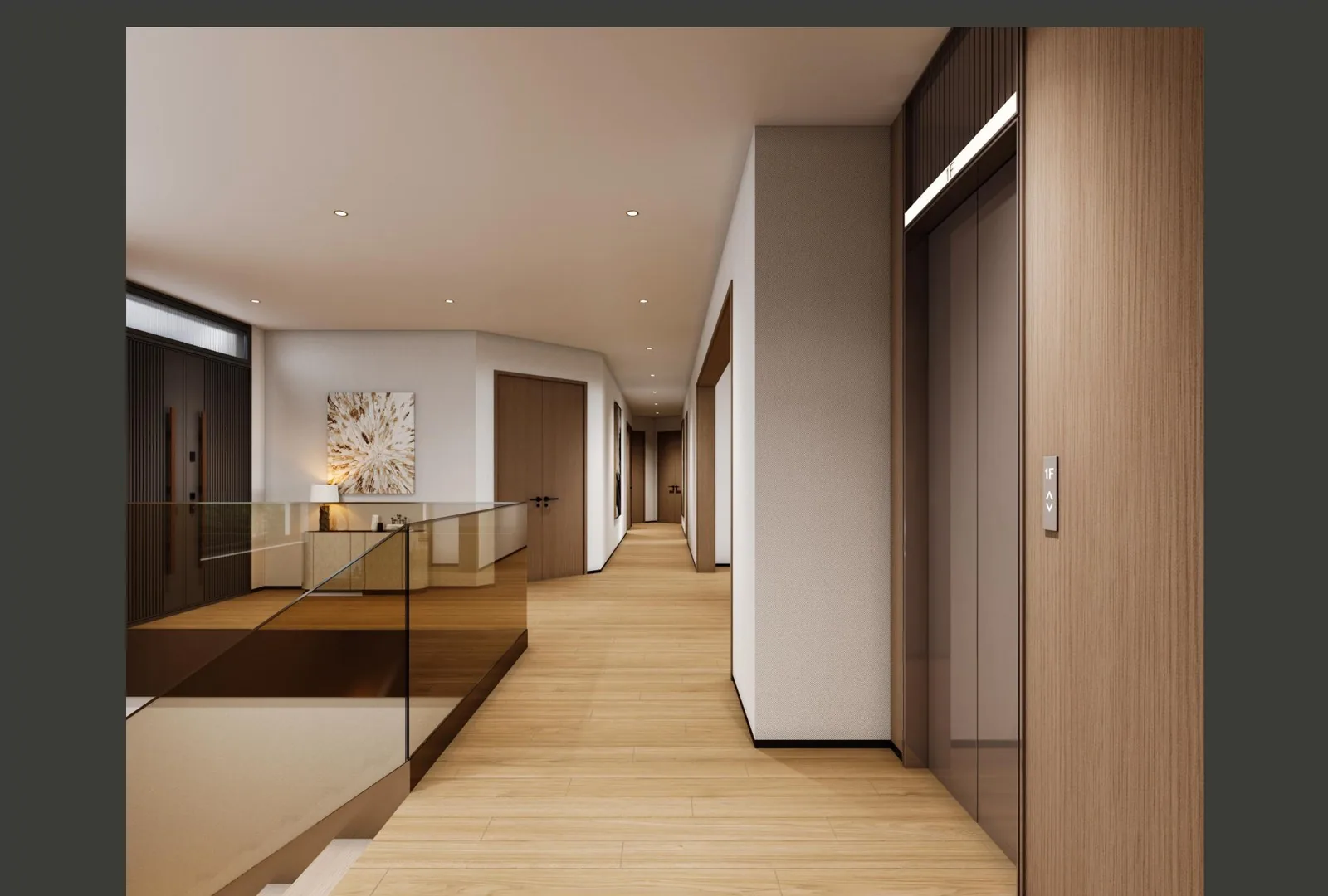 Entry hallway with stairs, oak panels and gallery wall