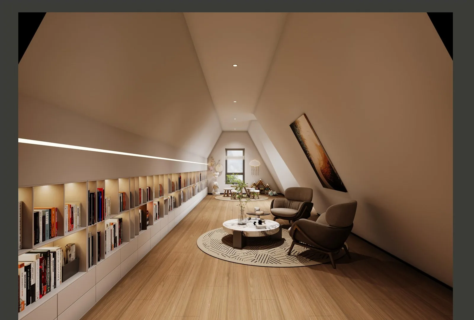 Game room with full shelving wall, chairs and sloped ceiling