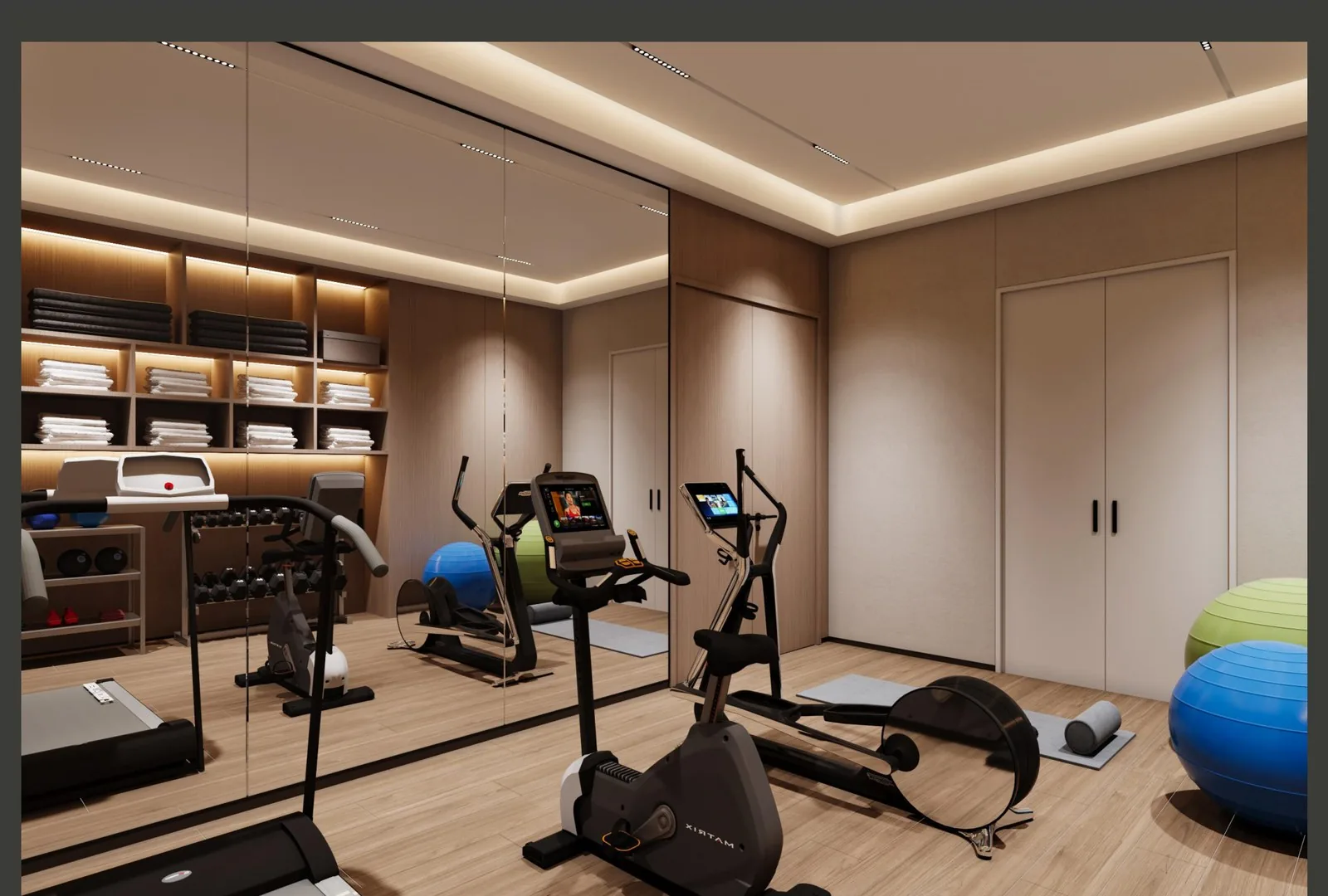 Home gym with built-in oak storage, equipment and exercise balls