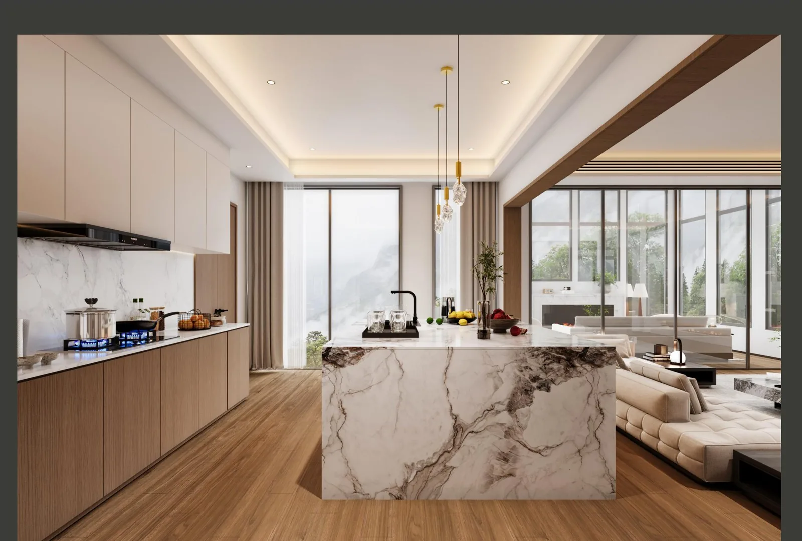 Kitchen with marble waterfall island, wood runs and the living area beyond