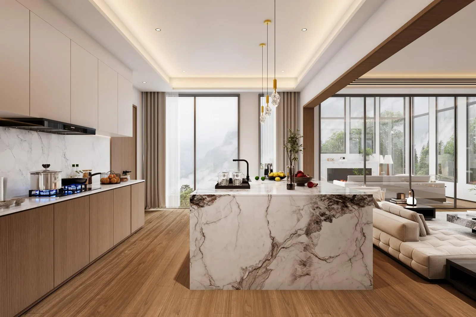Beverly villa kitchen with marble island and white oak runs