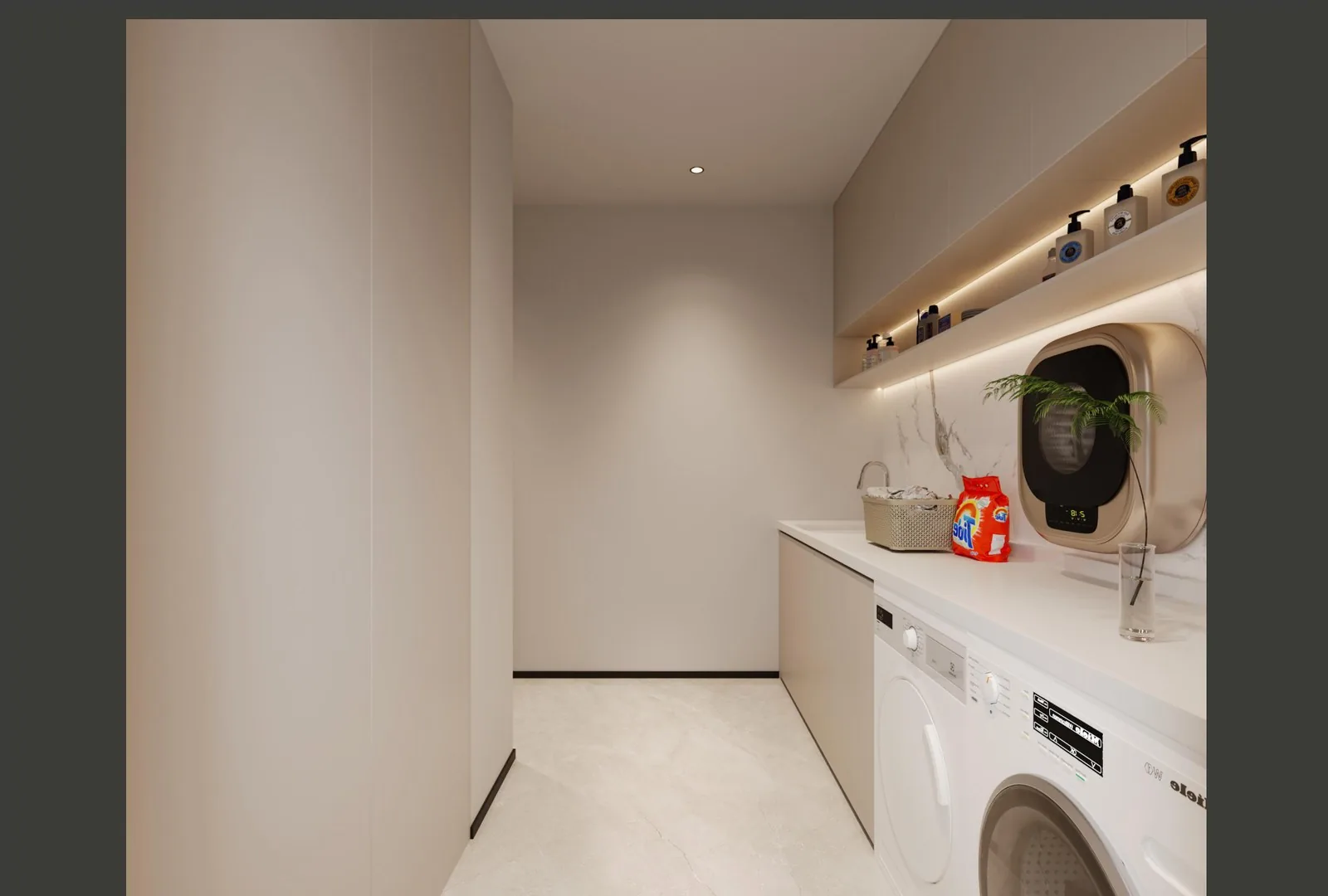 Utility room with counter, washer and oak fronts