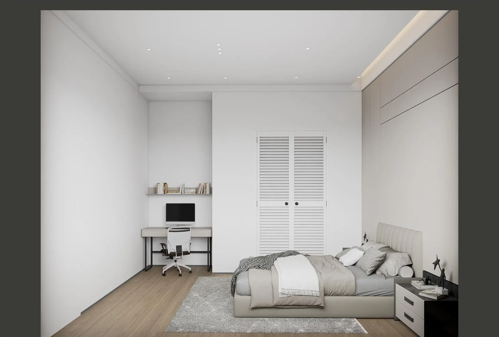 Bedroom with low bed, desk corner and full-height wardrobe