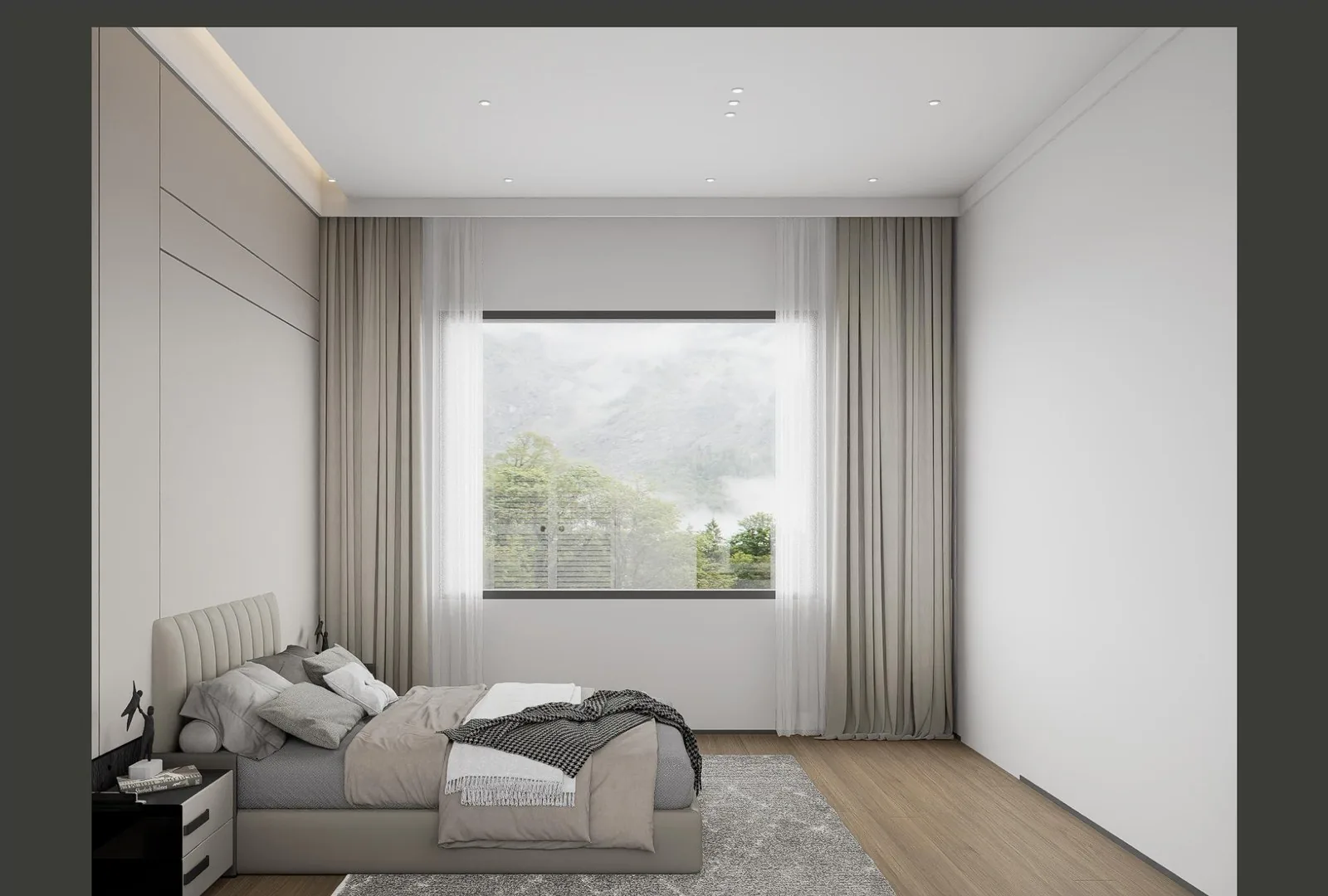 Bedroom with bed, curtains and the garden window
