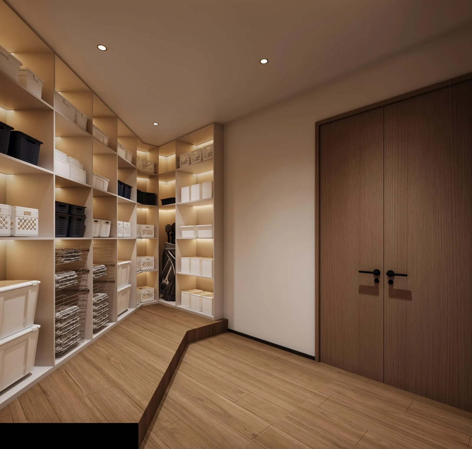 Pantry with lit oak shelving, baskets and fluted tall doors