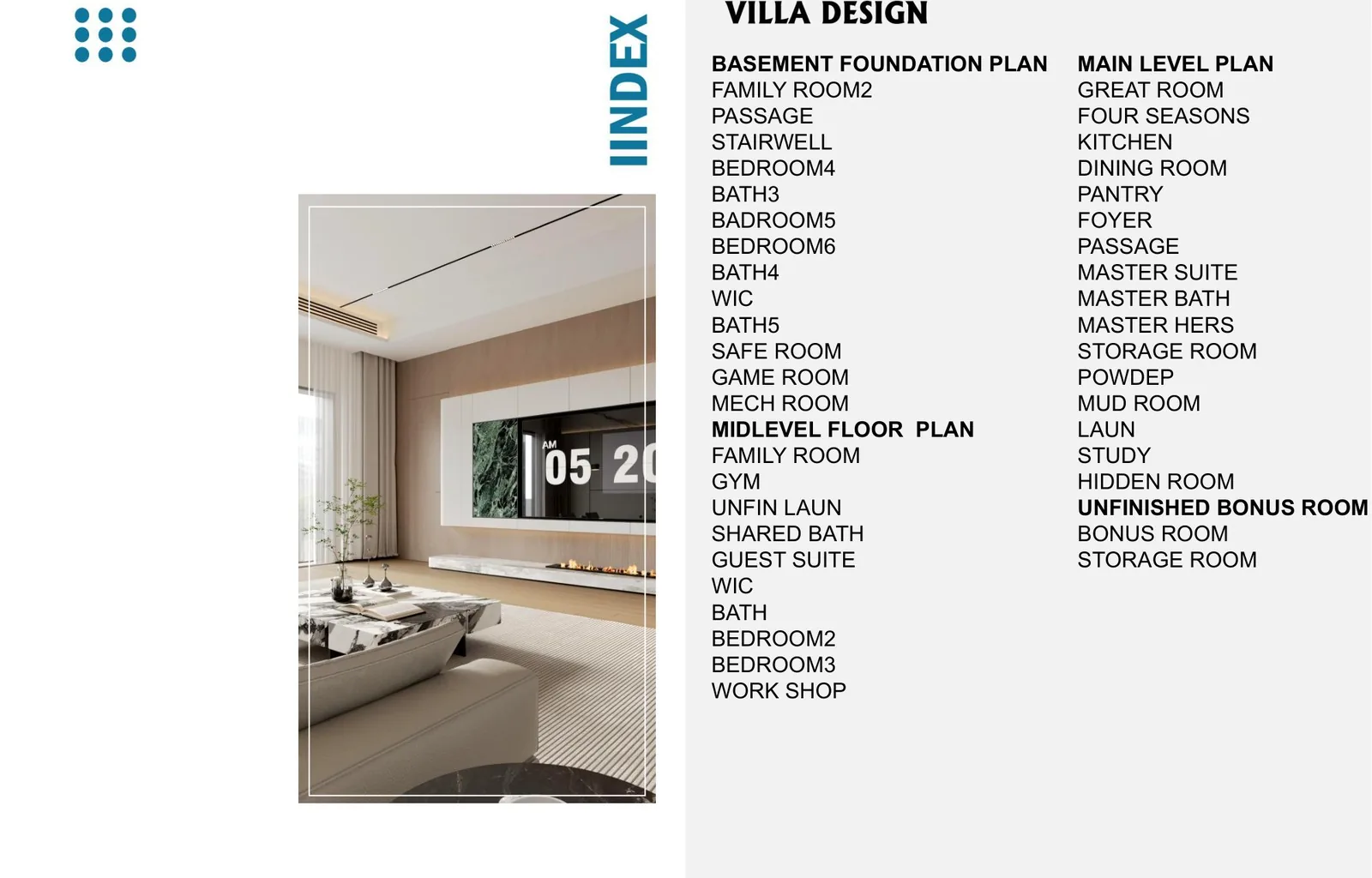 Program index sheet listing every room of the Beverly villa by level