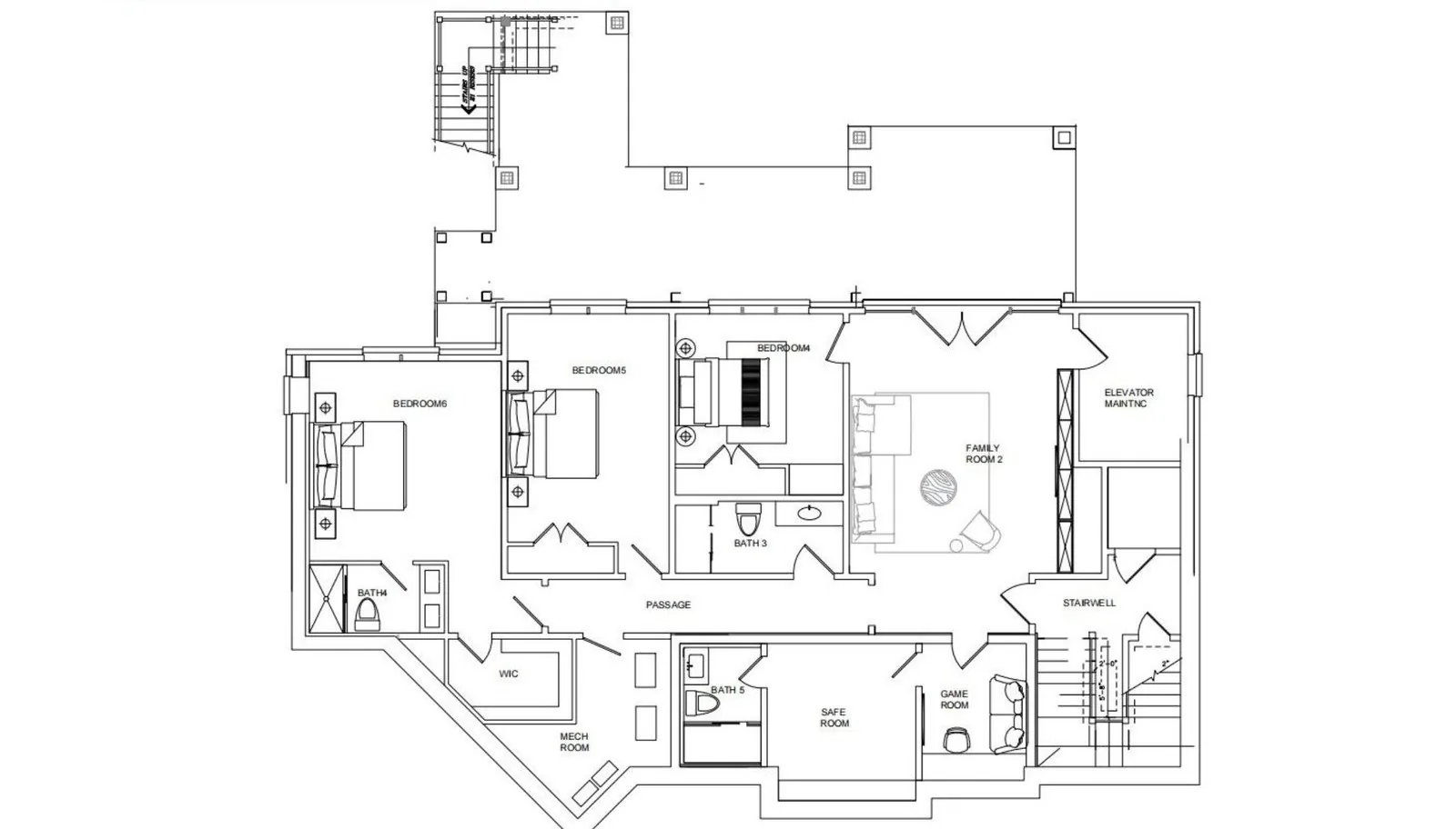 Basement foundation plan of the Beverly villa - garage, stair and lift core, family rooms, storage