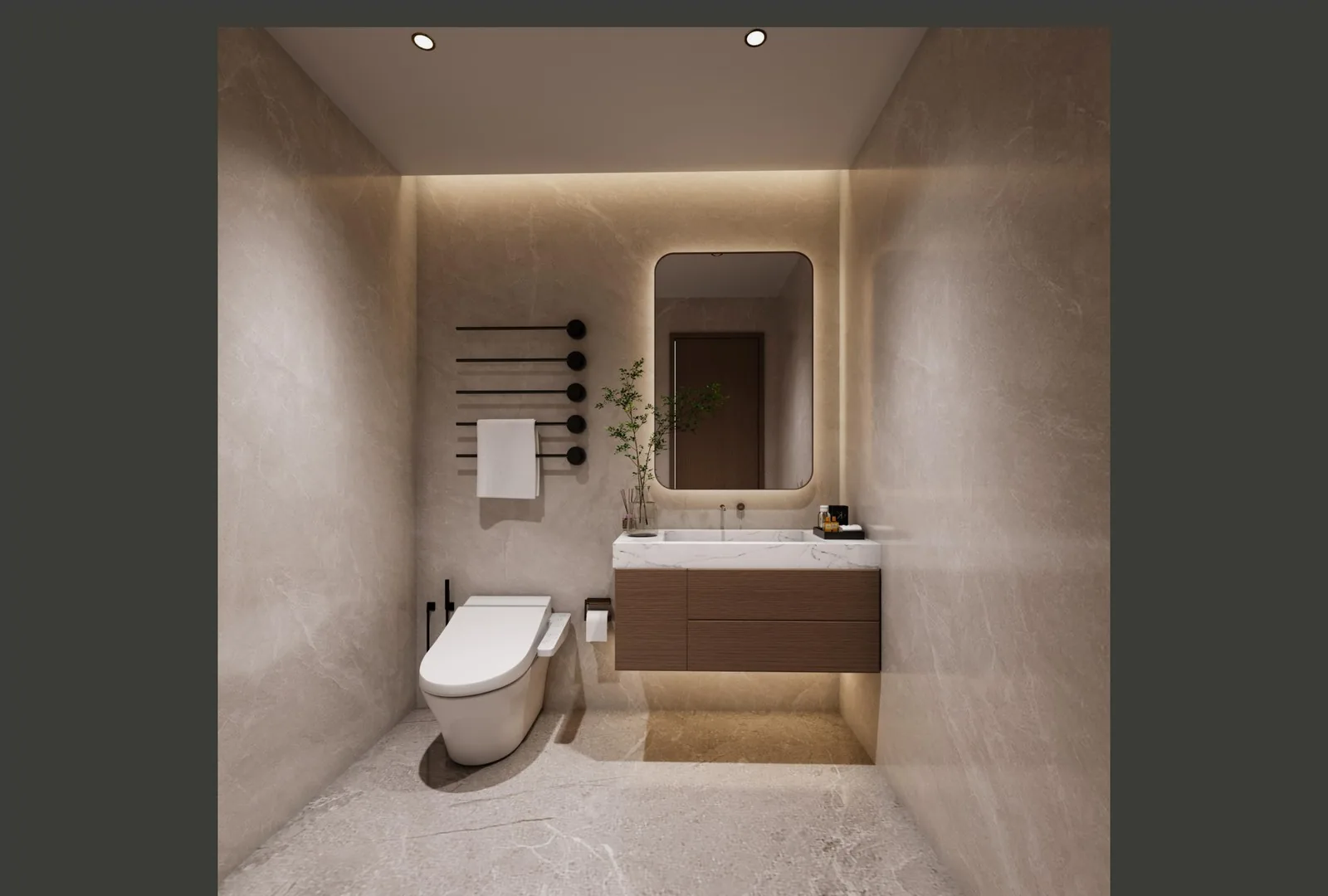 Powder room with warm white walls, floating vanity and backlit mirror