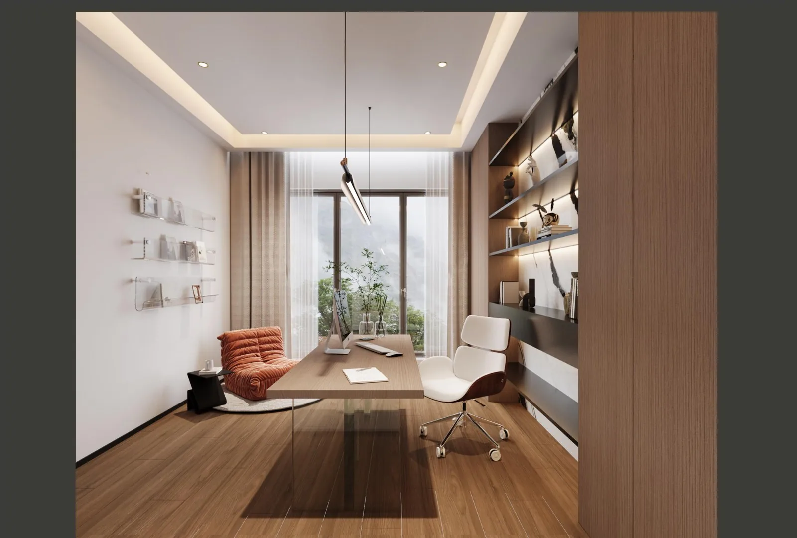 Study with oak desk, leather chair and gallery shelving