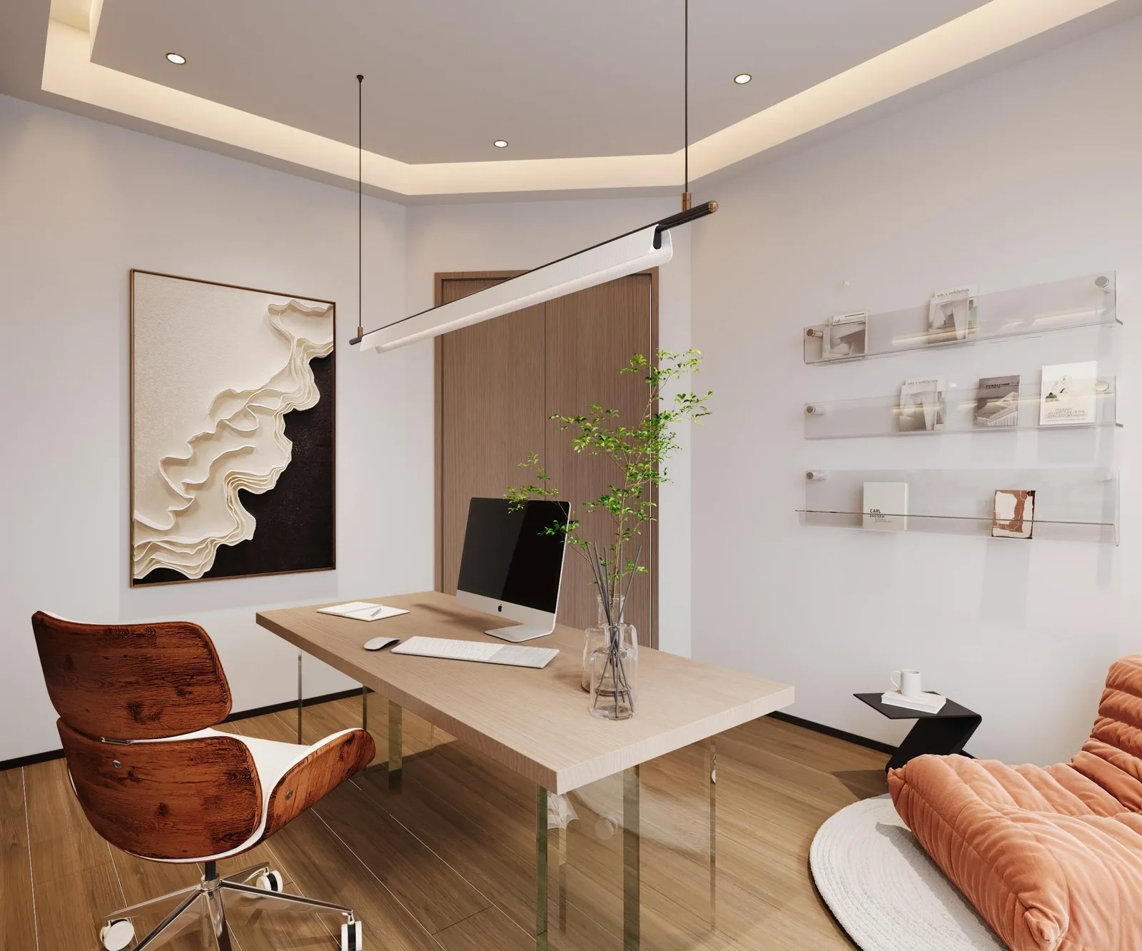 Study with oak desk, gallery shelving and a leather chair