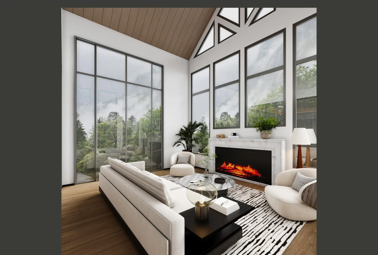 Four-seasons glass room with fireplace, white sofa and gabled ceiling