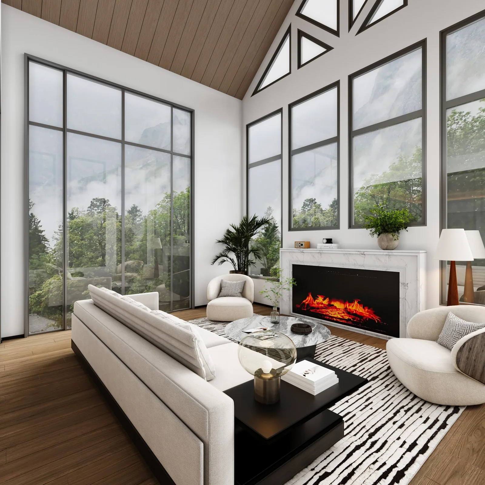 Glass four-seasons room with gabled skylights, fireplace and white sofa