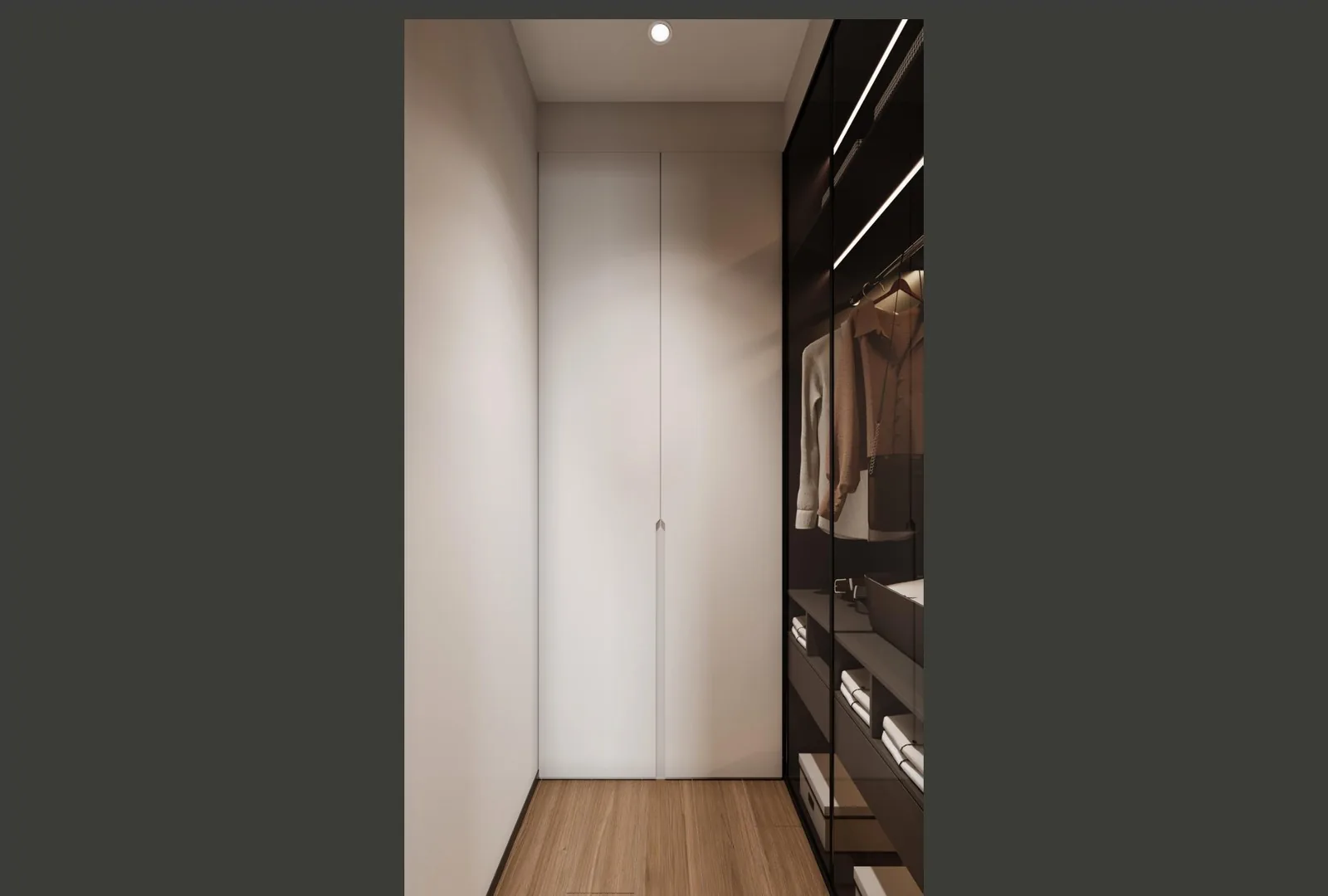 Walk-in closet with dark wood, glass fronts and central island