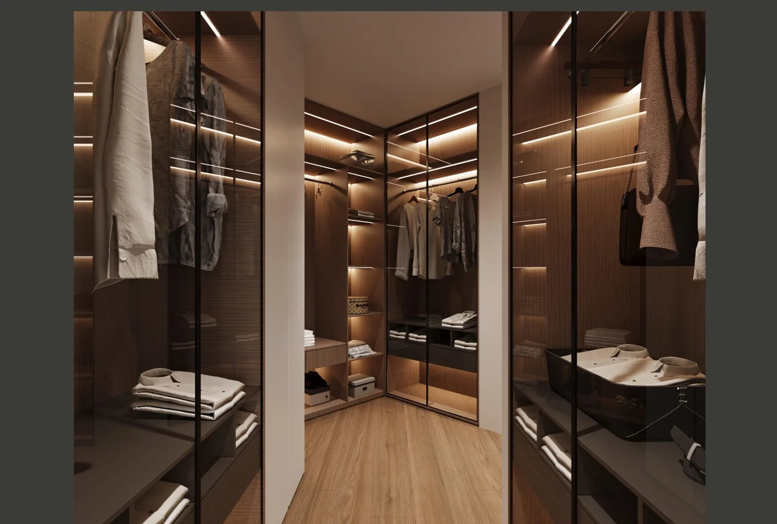 Master walk-in with double islands, glass fronts and warm lighting