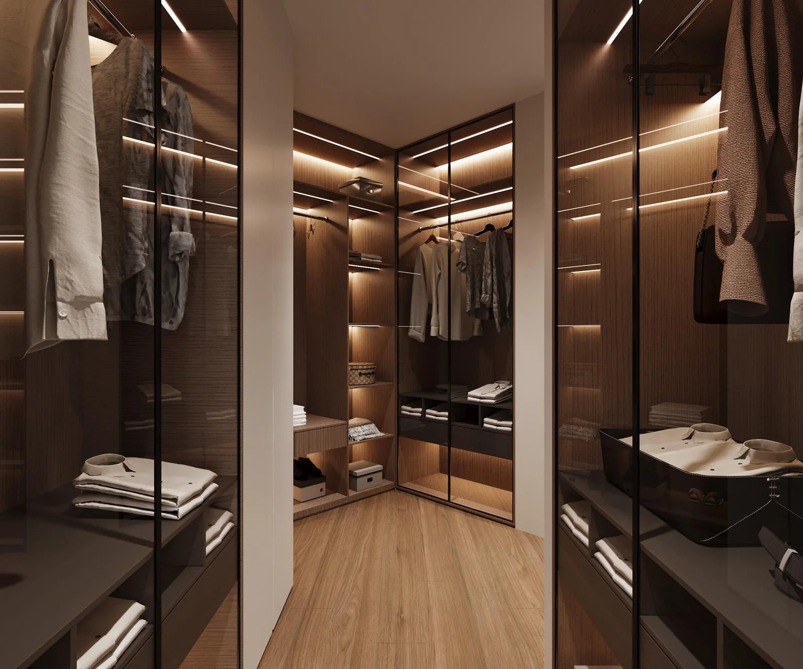 Walk-in closet with a glass-front island, integrated LED lighting