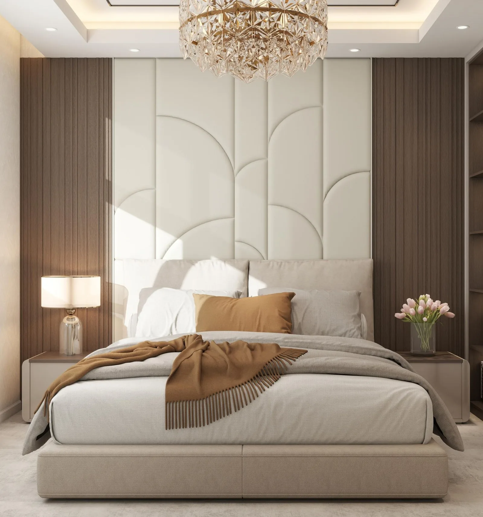 Bedroom with arched headboard wall, UK