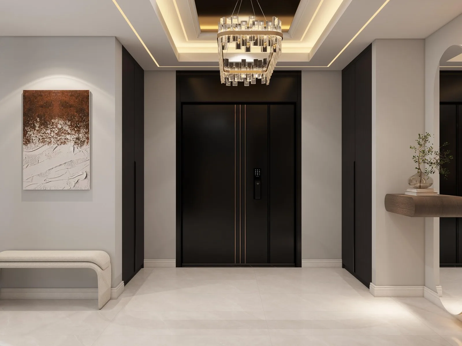 Entry hall with dark double doors, UK