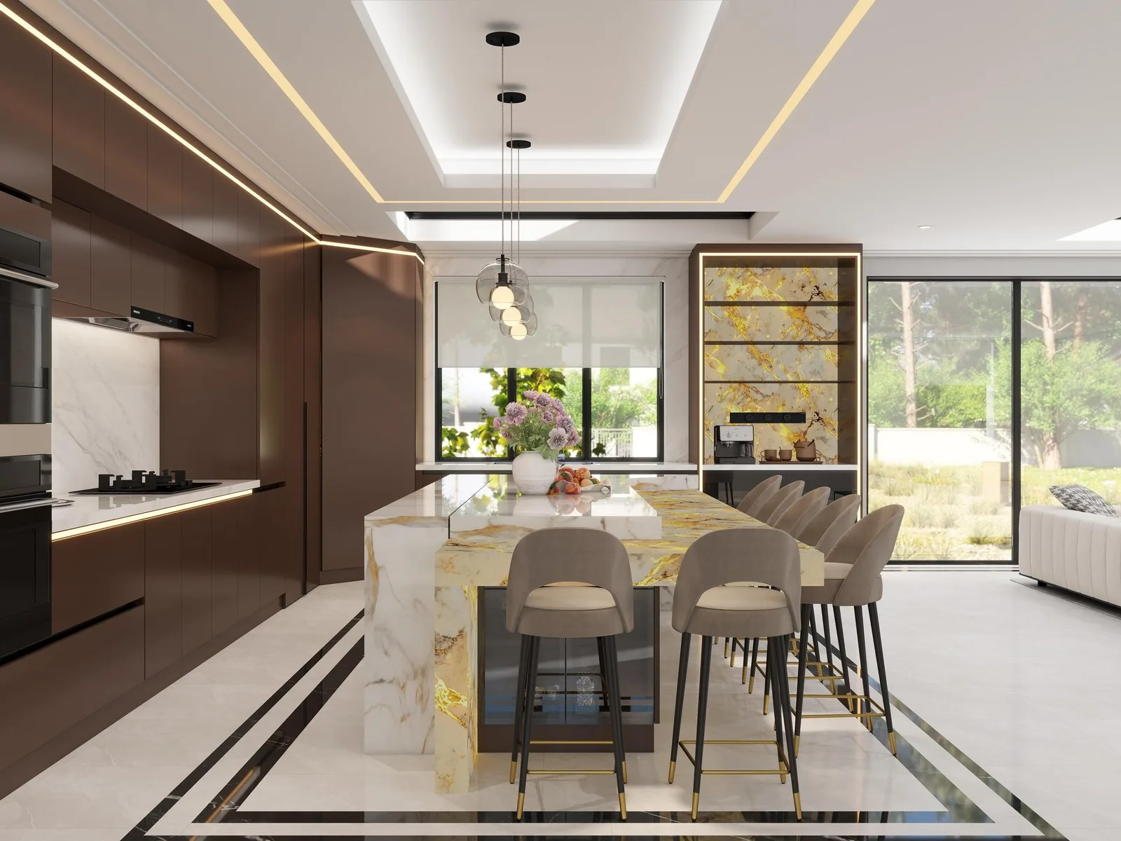 Island with onyx top and bar seating, UK
