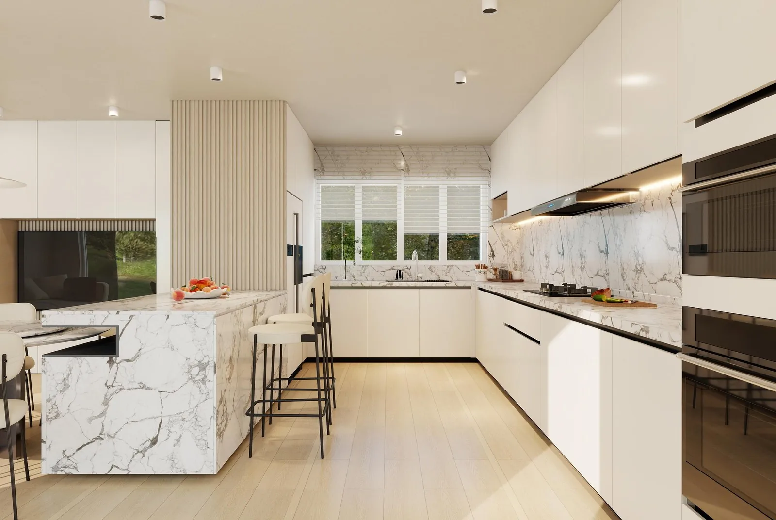 Bright kitchen with marble island, UK residence