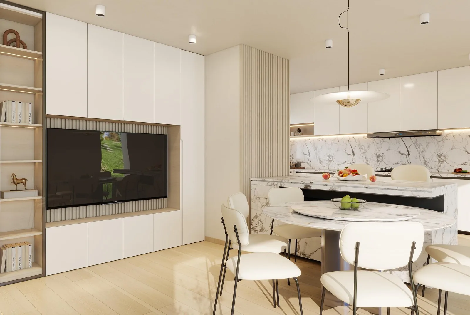 Kitchen run with tall ovens and marble, UK