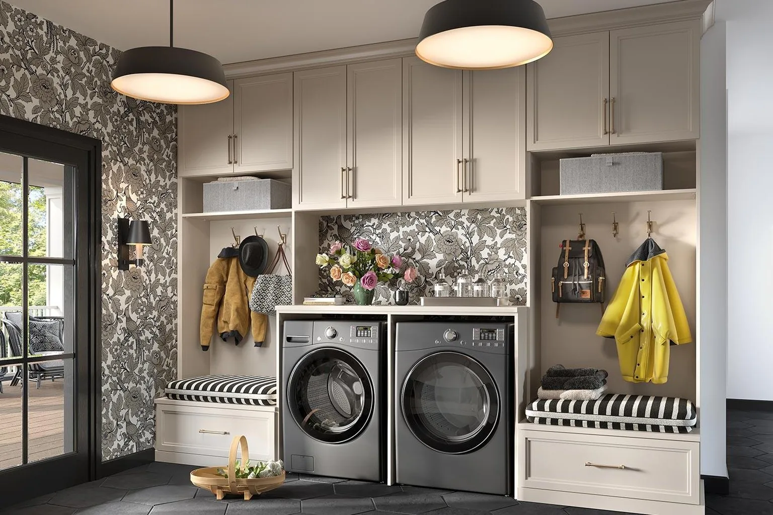 Entry and utility combined run with hooks, bench and machines, installed