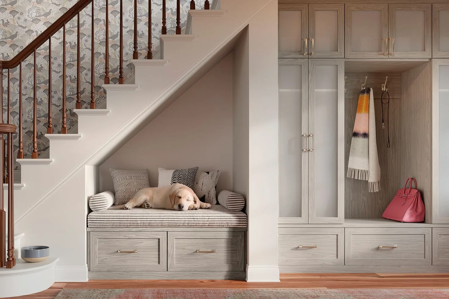 Grey entry cabinetry with cubbies, bench and hooks, installed