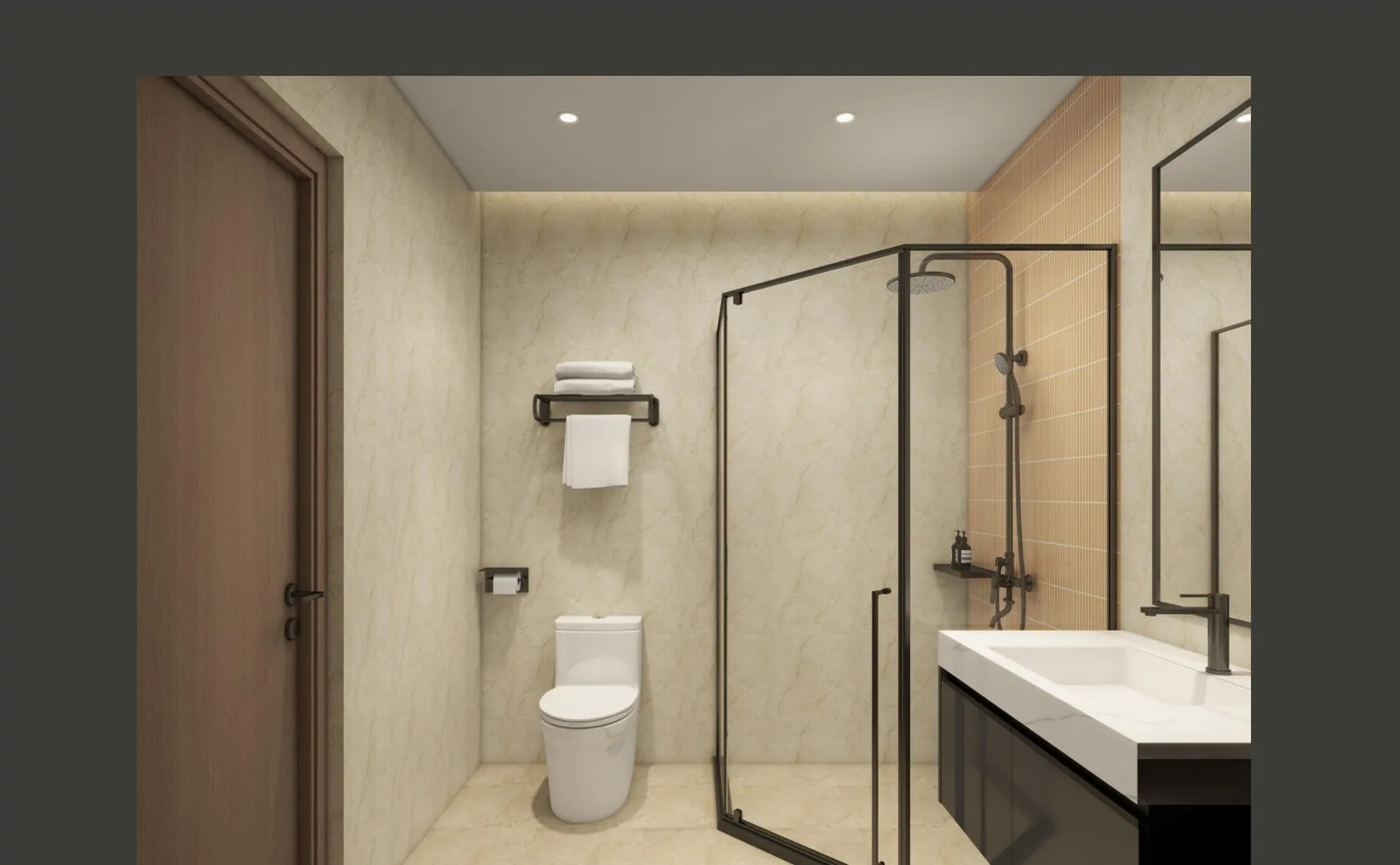 Resort bathroom with glass shower and marble