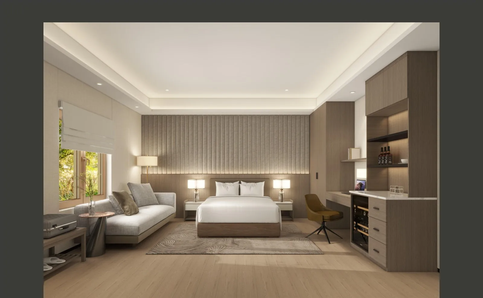 Resort guest room with timber ceiling and seating