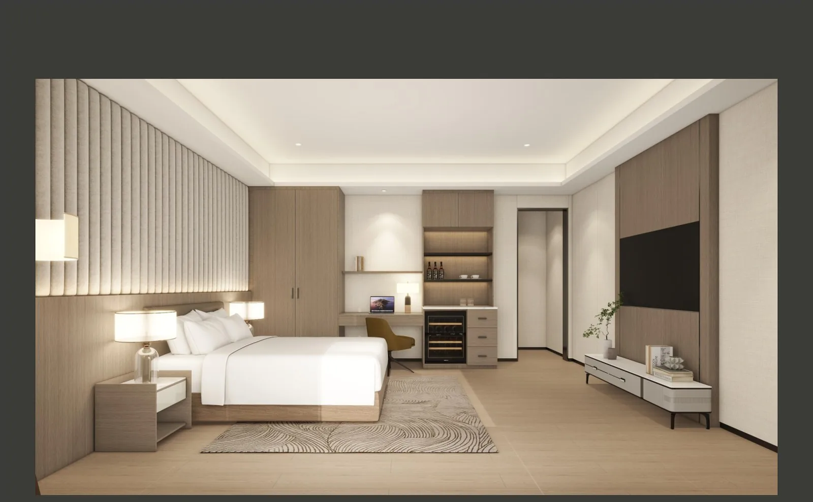 Resort guest room with bed and TV wall