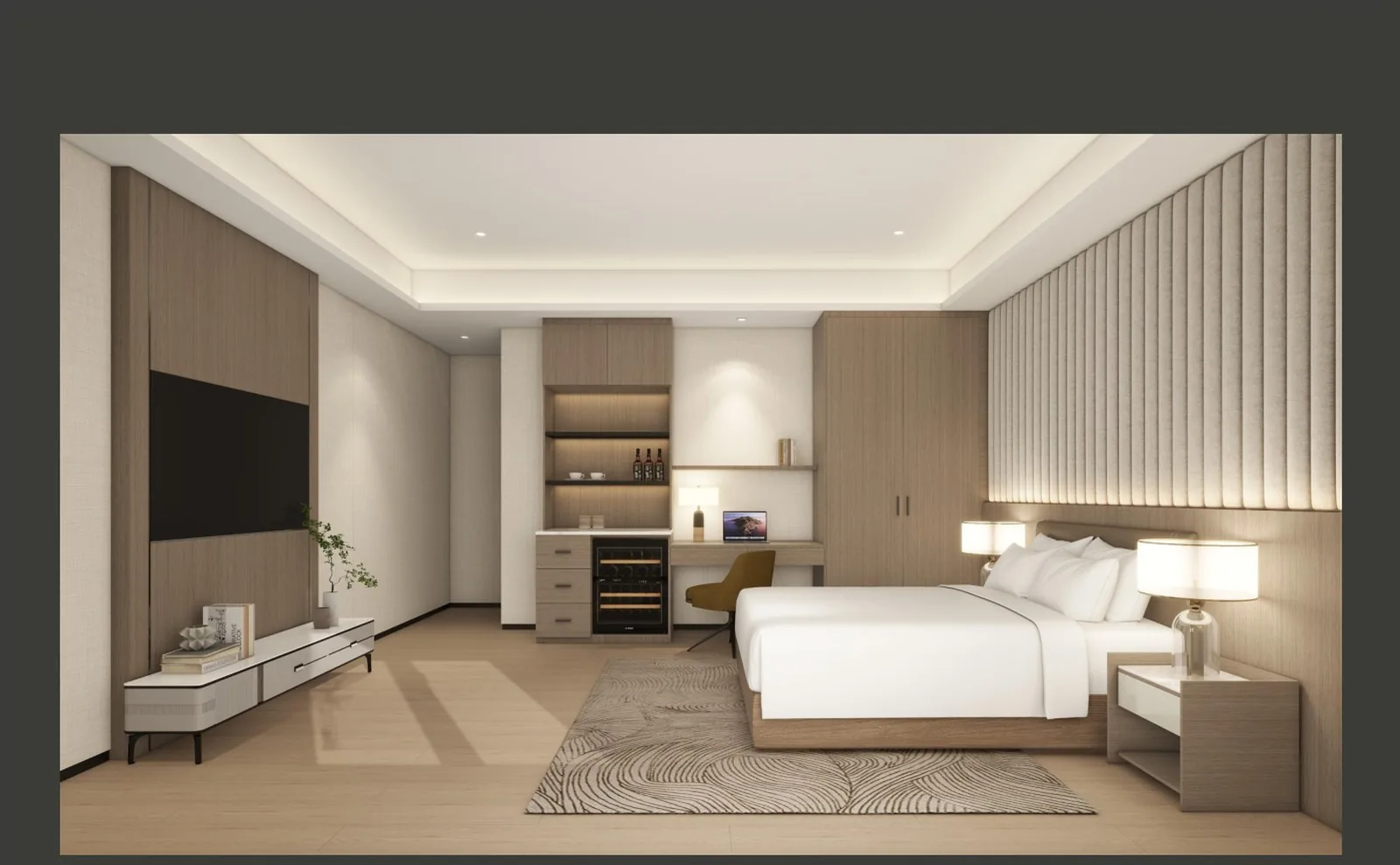 Resort guest room with slat head wall and desk