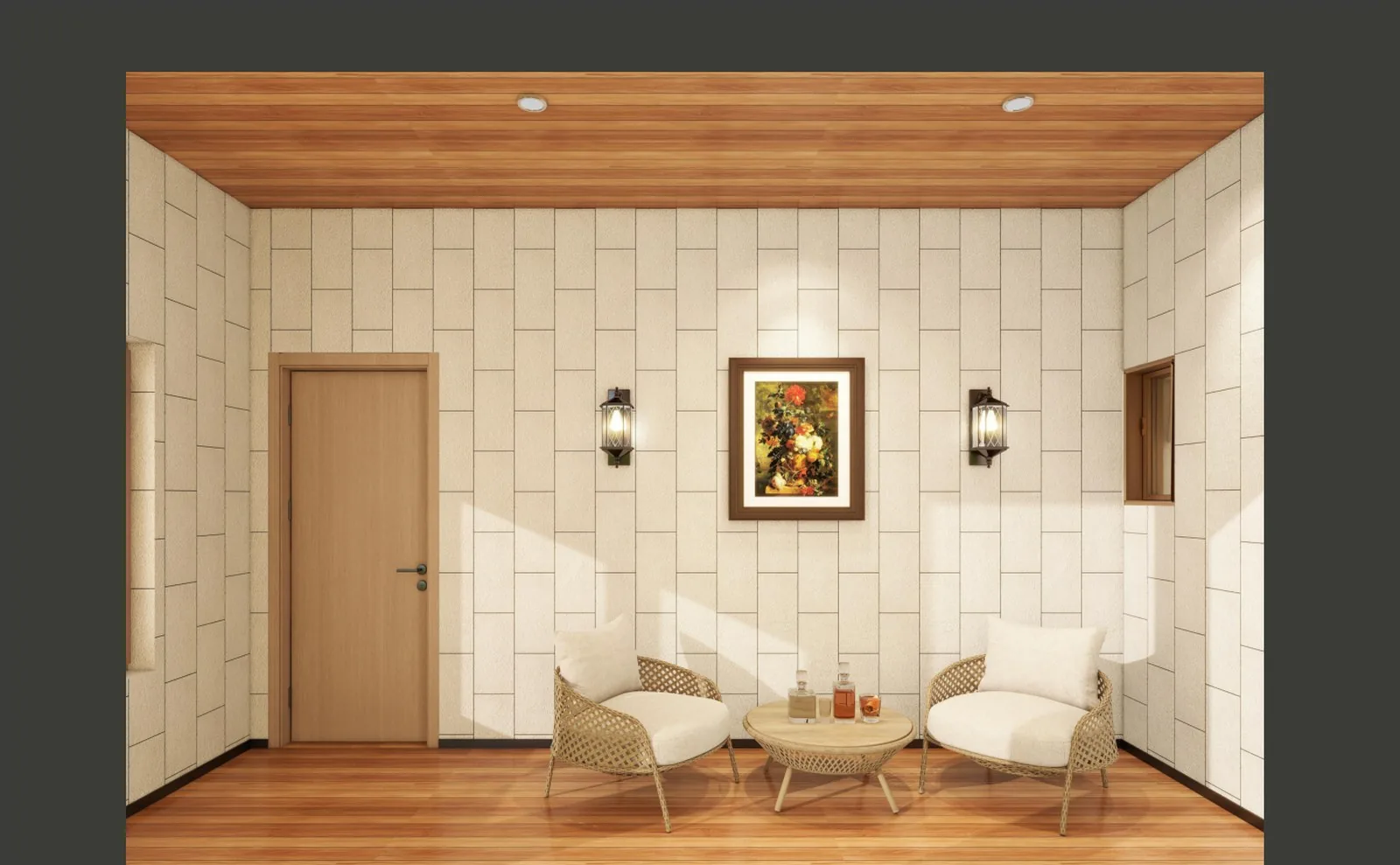 Resort bungalow entry with timber ceiling
