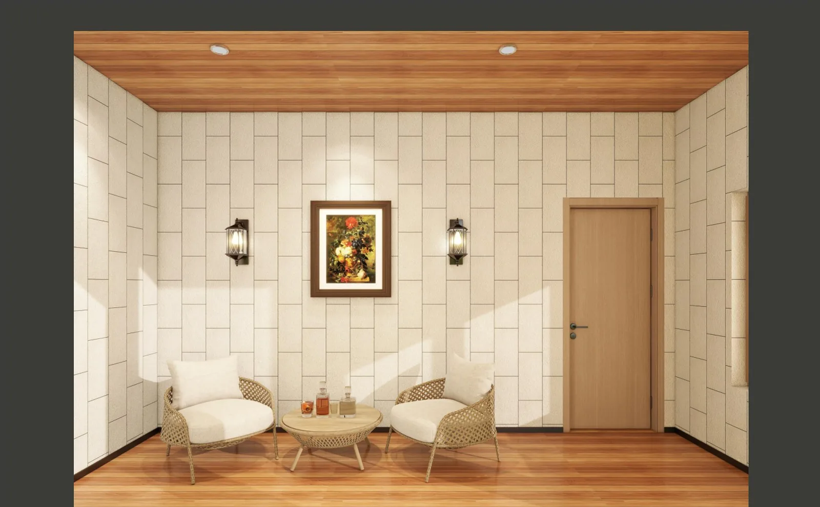Resort bungalow entry with framed art and chairs