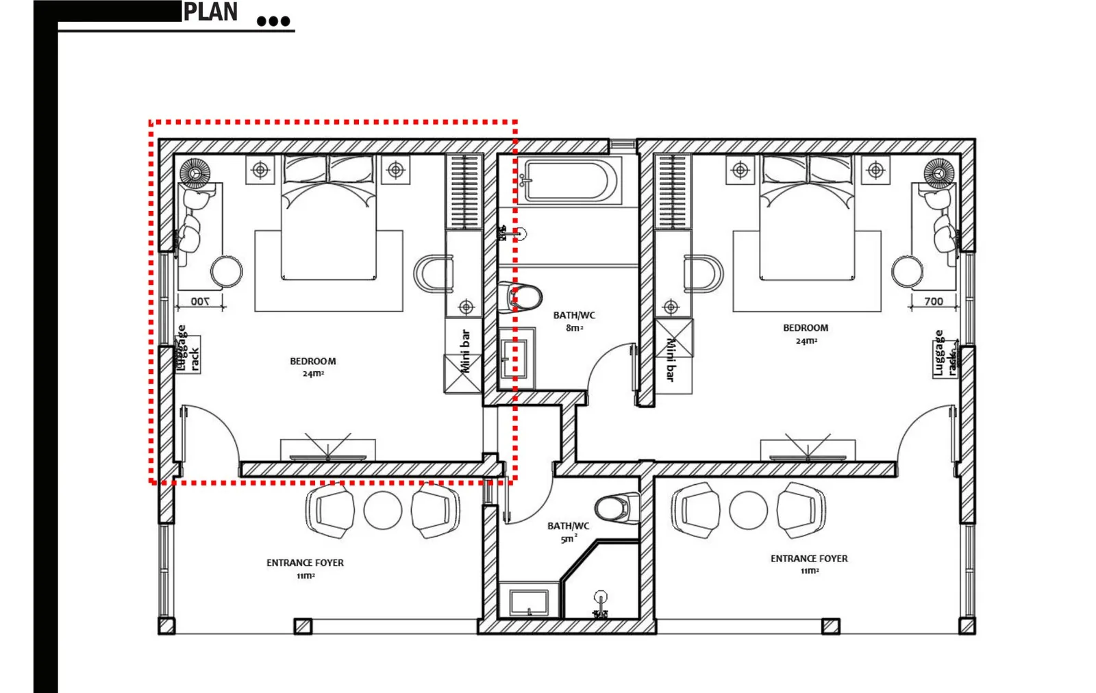 Bungalow floor plan of the Nigerian resort - two guest units with entrance foyer, bedroom and bath