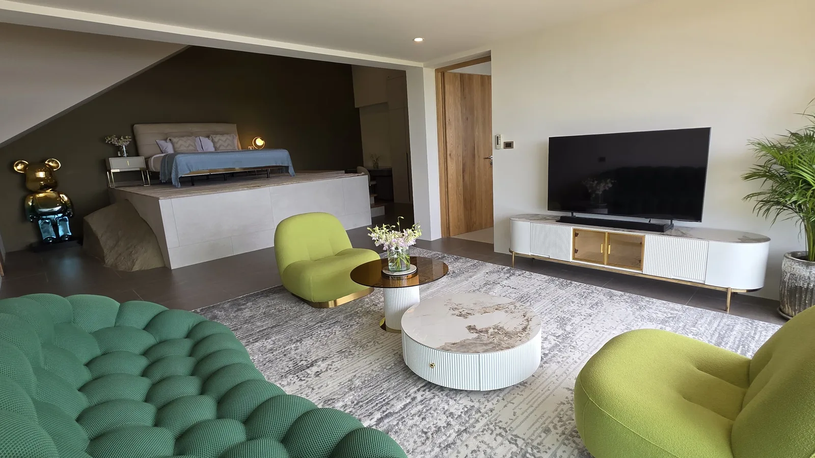 Living room with glazing and built-in cabinetry